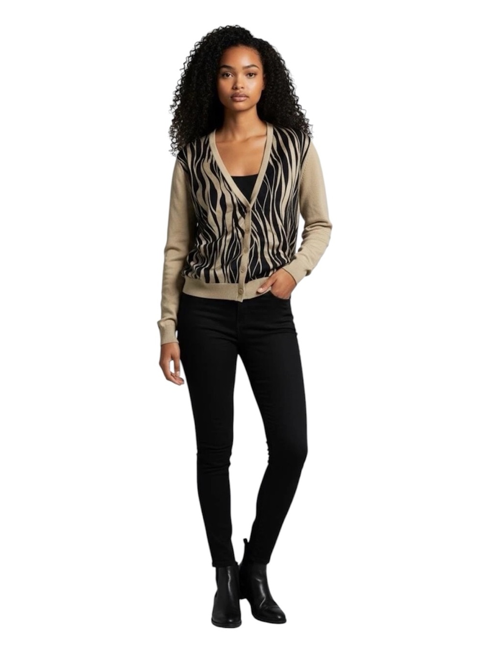 Lauren Ralph Lauren Beige and Black Zebra-Print V-Neck Silk Blend Cardigan